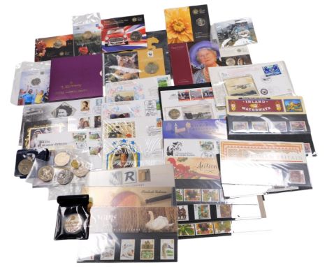 Coins and postage stamps, including Golden Jubilee crown, Queen Mother Centenary crown, Kew Gardens fifty pence coin, 50th An