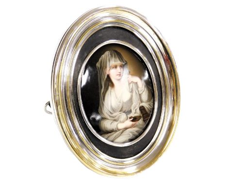 A late 19thC German porcelain plaque, of oval form, painted with a study of the Vestal Virgin, after Angelica Kauffman, model