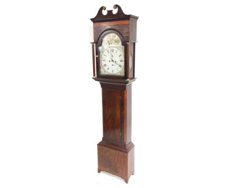A Georgian mahogany longcase clock, the break arched dial painted with floral sprays, chapter ring bearing Roman and Arabic n