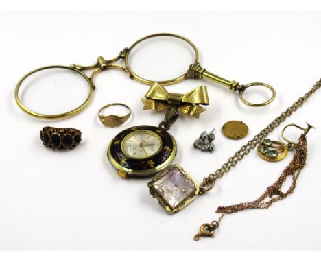 9ct Gold bow clip, pair of gold plated lorgnettes, an antique garnet set ring (at fault), and a small quantity of other jewel