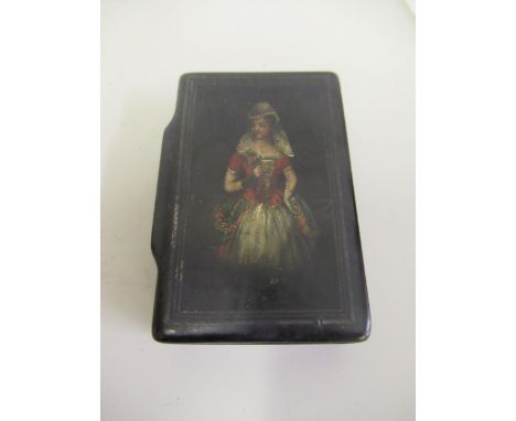 19th Century rectangular papier mache snuffbox, the hinged cover painted with a portrait of a lady 
