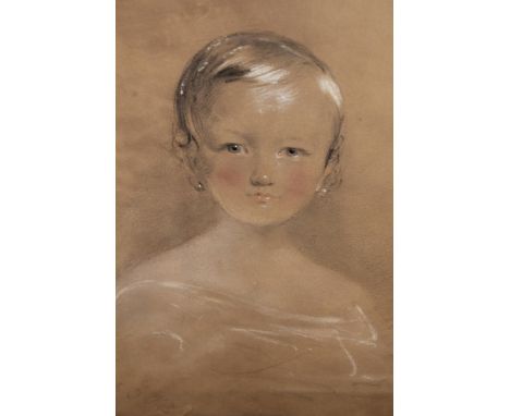 19th Century coloured chalk drawing, portrait of a child, signed and dated 1849, 36cms x 28cms, oval 