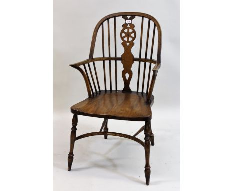 Reproduction ash and elm, wheel and stick back Windsor chair, together with a similar bar stool 