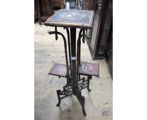 Bamboo jardiniere stand, an oval mahogany tray, an oak box and a mahogany occasional table (from a nest) 