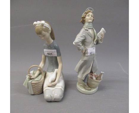 Lladro figure of a lady with a basket of groceries, another of a seated young girl, both with original boxes 