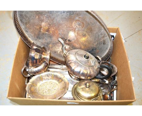 Silver plated three piece tea service, plated entree dish and cover and sundries 