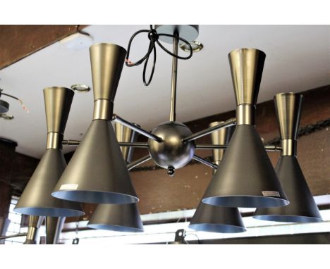 Set of four modern six light ceiling pendants in the manner of Stilnovo, each 74.5cms diameter, overall drop 132cms approxima