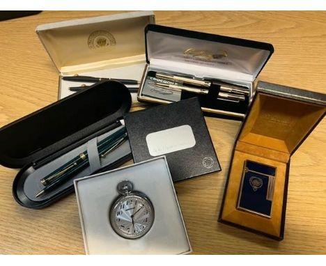 Mont Blanc Quartz travel clock in the form of a pocket watch, in original box bearing a presentation plaque to Sir Bernard In