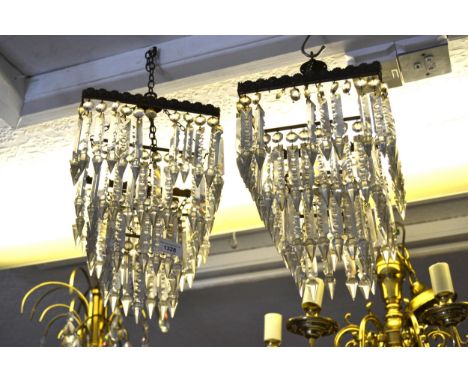 Pair of square gilt brass and glass three tier lustre light fittings 