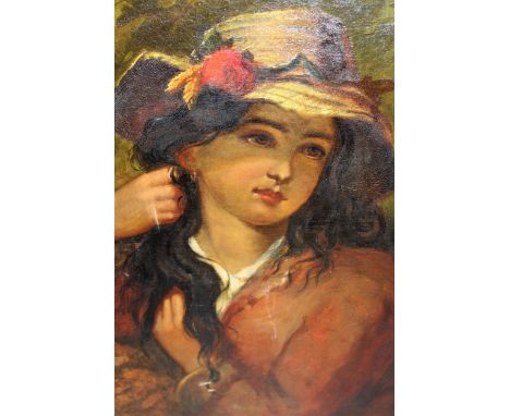 19th Century oil on canvas, portrait of a girl wearing a straw hat, signed with monogram, 58cms x 48cms, gilt framed 