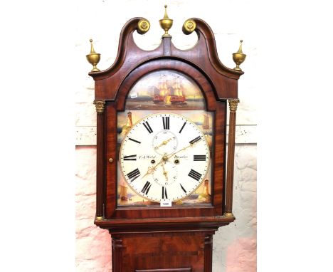 19th Century mahogany longcase clock, the arched hood with swan neck pediment above a rectangular panelled door, the dial pai