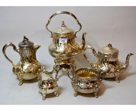 Late 19th Century Scottish silver tea service comprising:  teapot, hot water pot, cream jug and sugar basin, Edinburgh 1890 /