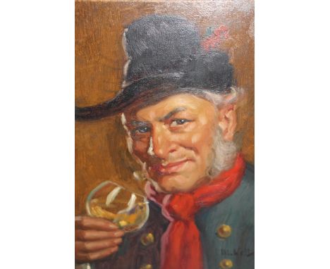 Oil on board, portrait of a gentleman with a glass of wine, indistinctly signed together with a gouache painting, portrait of