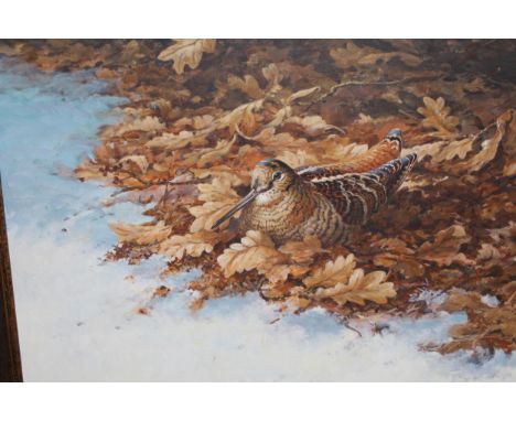 Berrisford Hill, signed oil on canvas, woodcock in a winter landscape, 49cms x 59cmsSome small black spots in lighter area's,