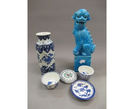 Chinese turquoise dog of foe figure, Chinese blue and white decorated vase, small Chinese bowl decorated with figures, small 