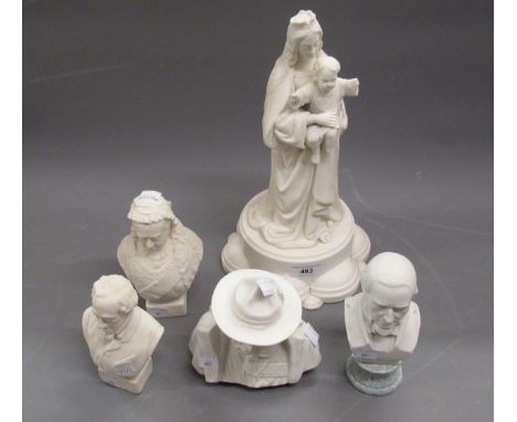 Small Parian ware bust of Queen Victoria, 17cms high, another of Gladstone on later plinth, another (at fault), bisque porcel