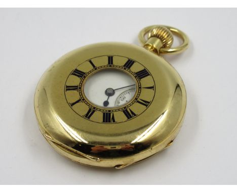 Early 20th Century 18ct gold half hunter pocket watch, the enamel dial with Roman numerals and subsidiary seconds, the keyles