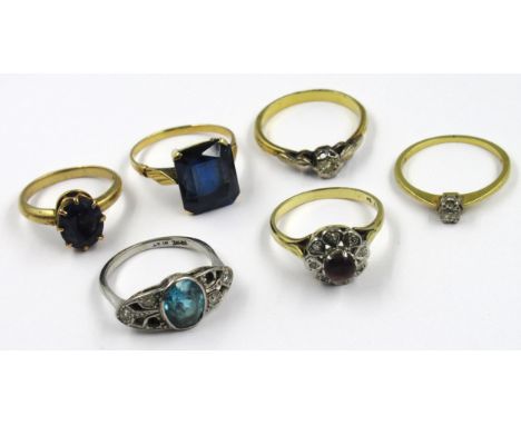 Four various diamond and coloured stone dress rings and two other dress rings, all with 18ct gold mountsStones are missing fr