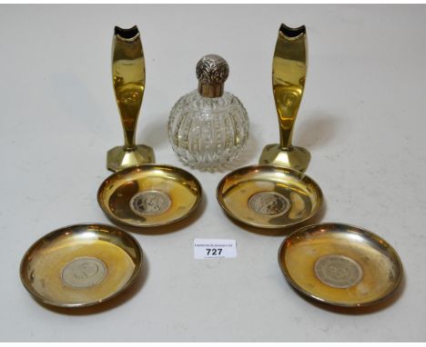 Four silver trinket dishes mounted with coins, together with a pair of plated specimen vases and a silver mounted perfume bot