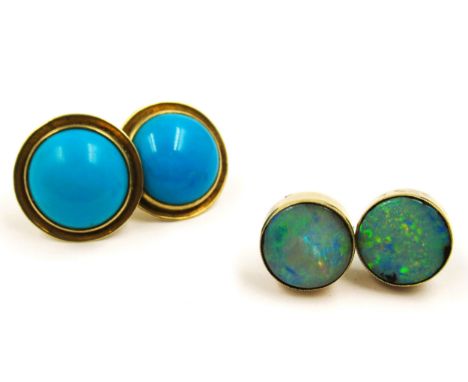 Pair of early 20th Century yellow metal and opal ear studs (alterations), 4g together with a pair of similar yellow metal and