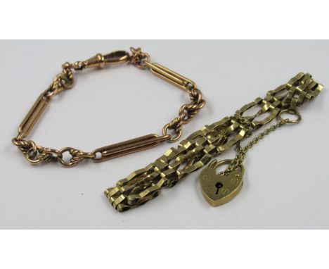 9ct Gold elongated link bracelet, together with a 9ct gold gate bracelet with padlock clasp, 21g 