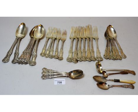 19th Century Harlequin Queens pattern canteen of silver cutlery comprising:  six tablespoons, six dessert spoons, seven table