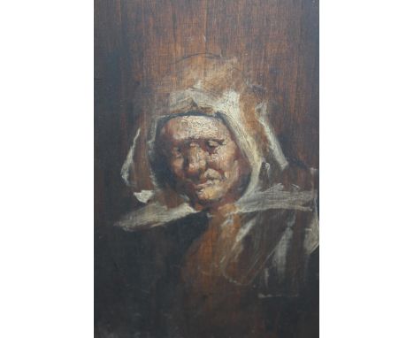 Oil on panel, portrait study of a lady with a white headscarf, inscribed on frame plaque, ' Joseph Israels ', 28cms x 20cms 