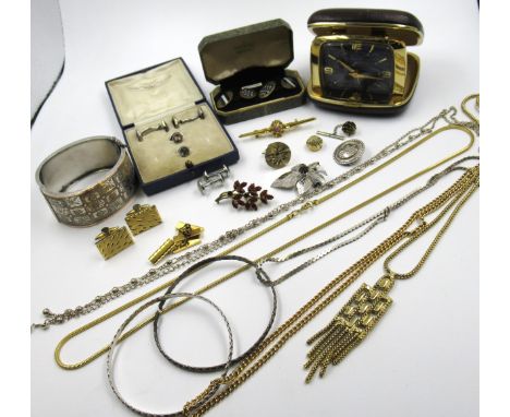 Victorian silver and gold plated bangle, small quantity of other various silver jewellery, cufflinks, travel clock etc. 