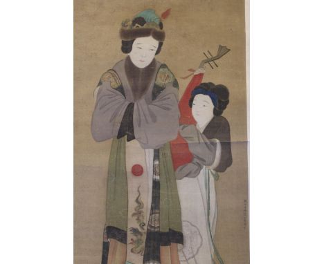 Late 19th / early 20th Century Chinese scroll work picture of two figures with musical instrument on a silk backing, 230cms x