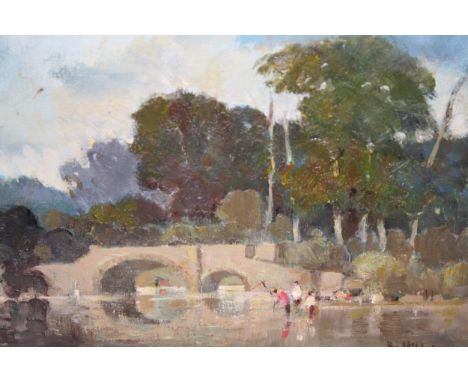 R. Hill, 20th Century oil on canvas board, figures before a bridge fishing, framed, 19cms x 24cms 
