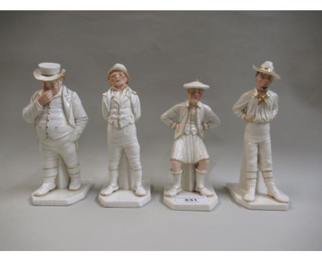 Set of four Worcester figures, each of a man wearing traditional rural costume, impressed and printed marks in puce, the tall