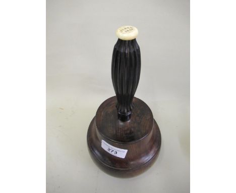 Victorian Lignum Vitae ebony and ivory mounted Masonic maul / gavel, the fluted handle with a button surmount inscribed June 