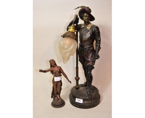 Patinated metal figural table lamp and a similar smaller figure of a classical maiden 