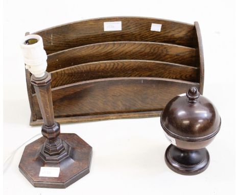 19th Century fruitwood turned pedestal pot and cover with acorn form finial, an oak table lamp base, and a three section oak 