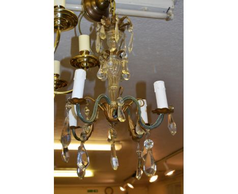 Small glass, painted and gilt metal four light electrolier, 46cms high 
