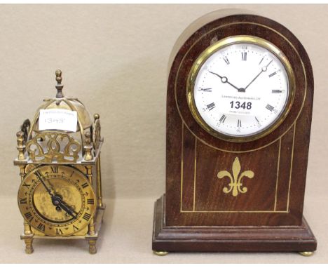 Small Edwardian mahogany mantel clock and another in the form of a lantern clock, the tallest 16cms 