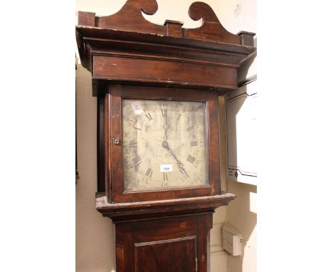 George III fruitwood longcase clock, the square hood with swan neck pediment above a rectangular panelled door, the silvered 