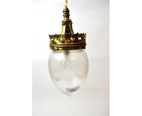 Early 20th Century brass hanging light with etched clear glass shadeNo cracks but does have some small chips to edges where f