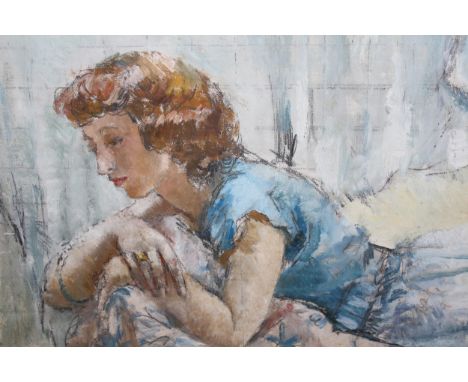 Eileen Robey, signed oil on canvas, portrait of a young lady reclining on a couch, 41cms x 51cms 