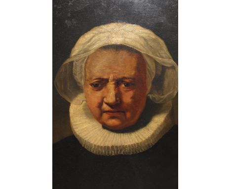 After Rembrandt, oil on board, portrait, 59cm x 45cm, oval mounted and gilt framed, together with an oil on canvas, Dutch coa