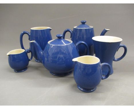 Moorcroft six piece tea service, decorated with a plain blue mottled glaze 