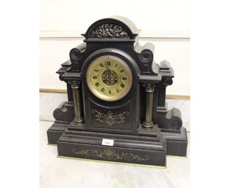 19th Century large black slate mantel clock, the circular gilt dial with Roman numerals and two train movement, the movement 