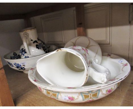 Victorian floral decorated jug and basin together with another similar 