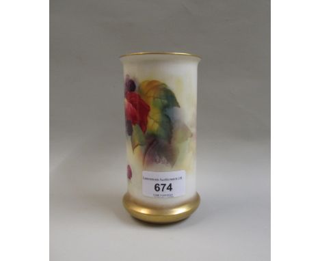 Royal Worcester vase of cylindrical form, painted with blackberries by Kitty Blake, 14cms highSlight rubbing to gilt around e