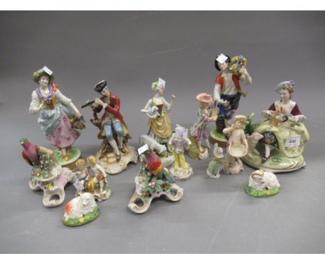 Pair of Sitzendorf figures of boy and girl flower sellers, 21cms high together with a small quantity of other Continental por