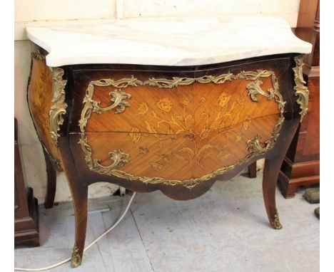 French Louis XV style commode, having a white and grey veined marble top above two shaped serpentine bombe drawers on cabriol