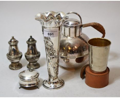 London silver floral embossed spill vase, small circular silver trinket box, pair of plated peppers and two other plated item