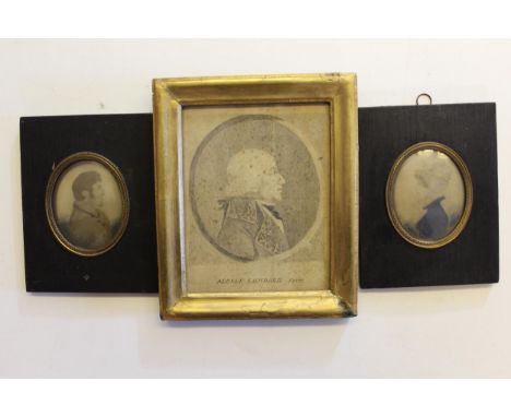 Pair of 19th Century watercolour on photographic print base, miniature portraits, miniature pencil of Adelle Lombard, in gilt
