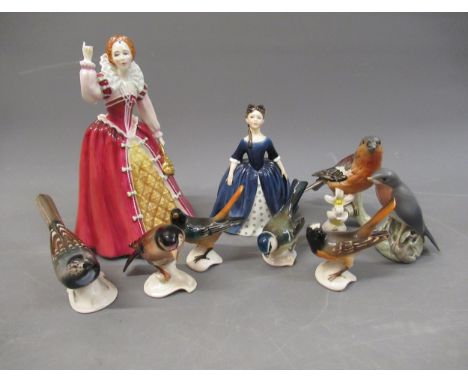 Royal Doulton figure, ' Elizabeth I ', HN3099 (at fault), together with another ' Debbie ', six Goebel figures of birds and a