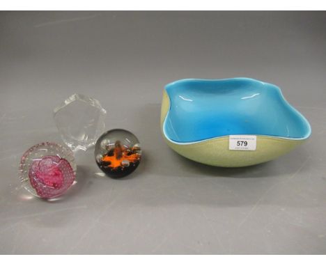 Italian Art glass fruit dish, 24cms square, two Caithness paperweights and a Scandinavian paperweight 